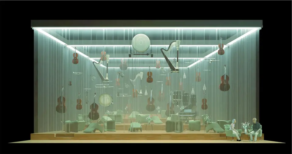 Opera stage: a pale room hung with suspended violins and cellos